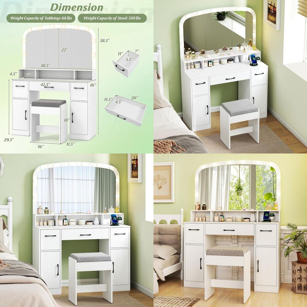 Desk Charging Station - Large Arched Mirror Vanity Desk with